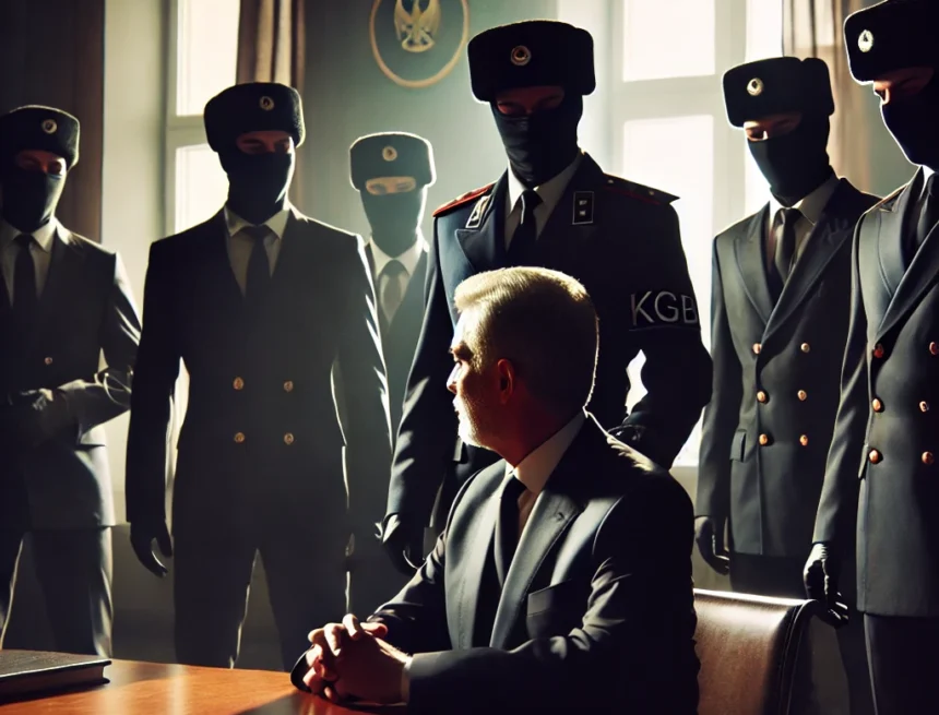 DALL·E 2025-03-05 10.43.36 - A scene where an important political figure is replaced by a group of mysterious agents in dark suits. The agents are wearing KGB-style uniforms, with Donald Trump, Agente Segreto del KGB? Il Nome in Codice Krasnov