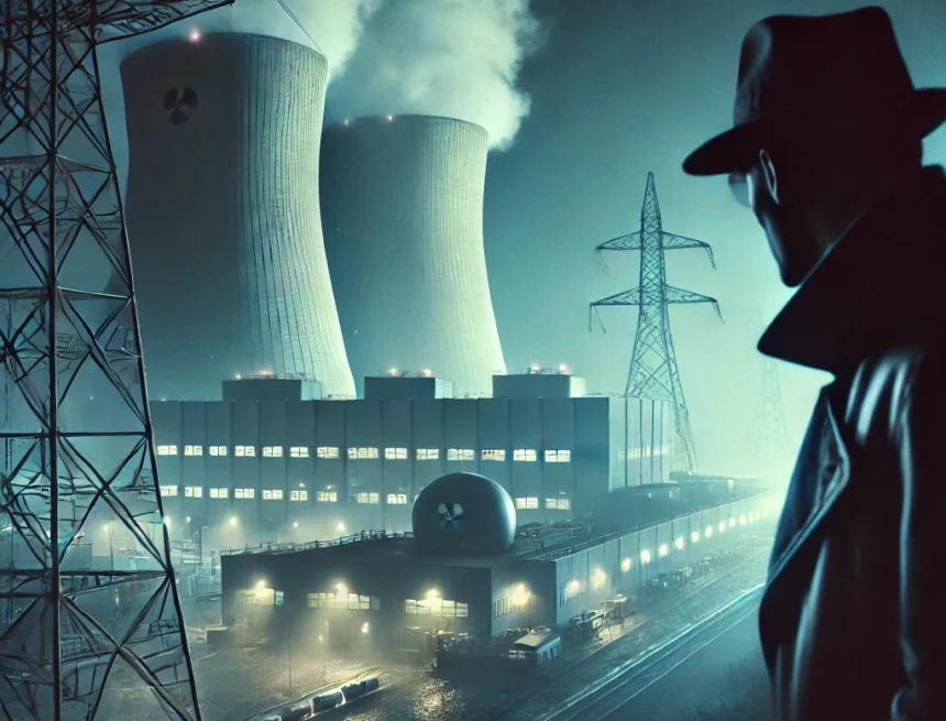 DALL·E 2025-03-20 11.04.51 - A nuclear power plant from the 1980s, with a mysterious figure in the foreground, observing the facility as if uncovering a secret operation. The atmo Energia nucleare: perché ora? Cosa non ci dicono?